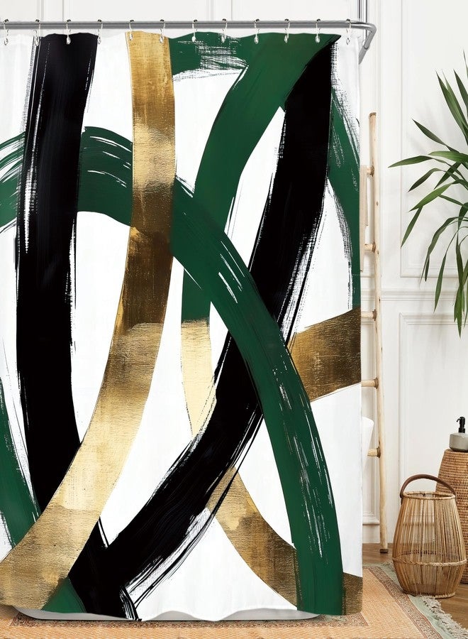 Miyotaa Abstract Emerald Green Gold Shower Curtain Set 60Wx71H Inches Minimalist Aesthetic Modern Contemporary Geometric Line Meutral Polyester Waterproof Bathroom Curtain with 12 Hooks - Image 2